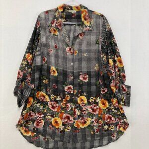 Chenault 2X Black White Plaid Floral Rolled Sleeve Button Down Tunic Office